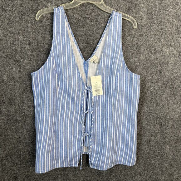 A New Day NWT Linen Blend Tank W/ Tie Front Blue White Stripe Size XL Cool Vacay - Picture 1 of 11